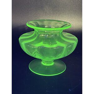 Tiffin Fostoria Green URANIUM Glass Short Squat Vase Optic Pedestal